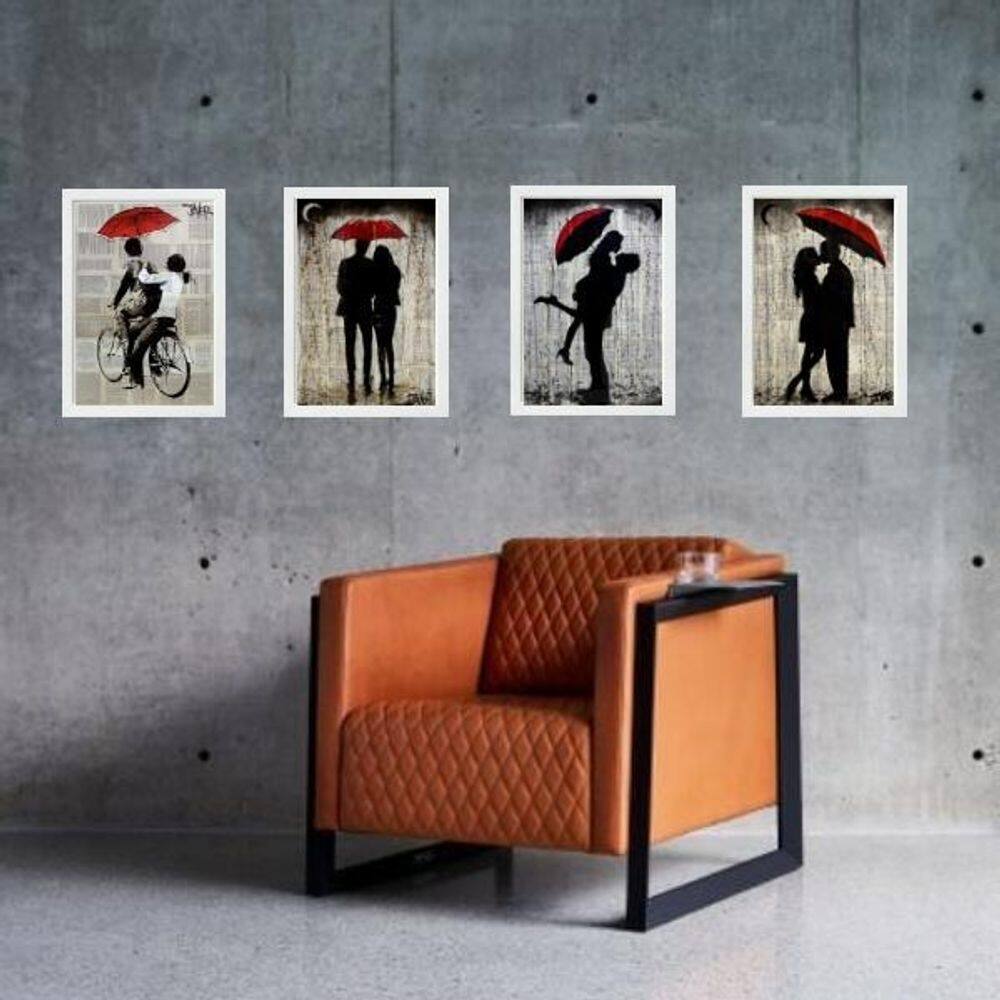 Kit 4 Quadros Casal Sombrinha Vermelha 24X18Cm