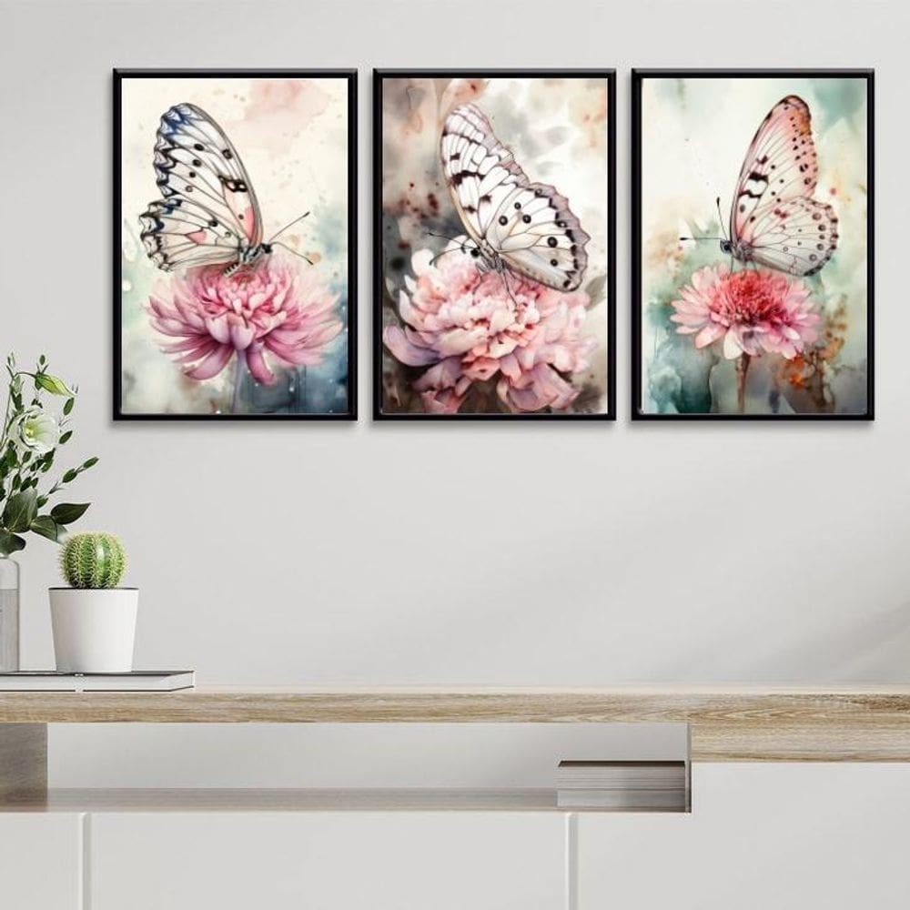 Kit 3 Quadros Borboletas E Flores Aquarela 33X24Cm - Vidro