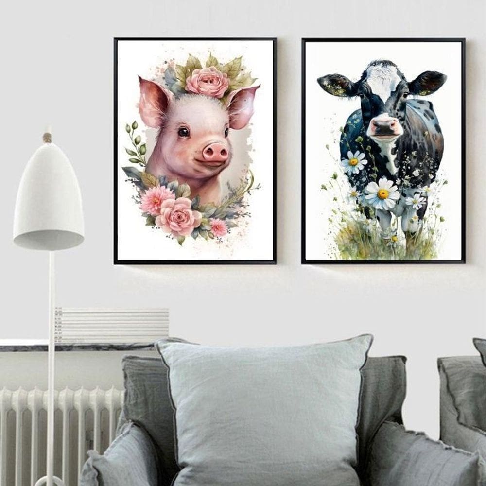 Kit 2 Quadros Vaquinha E Porquinho Floral 24X18Cm - Vidro