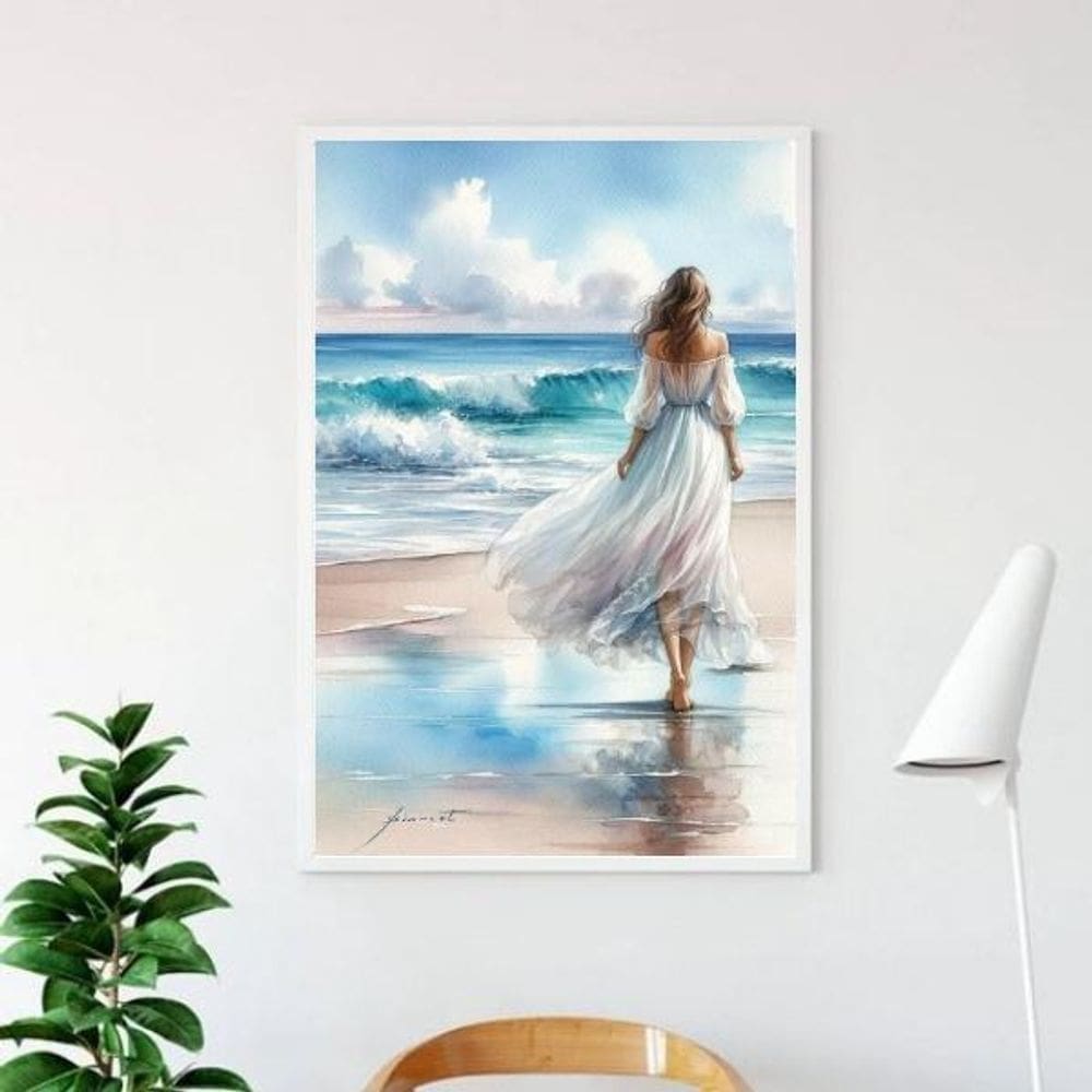 Quadro Mulher Caminhando Praia Aquarela 33X24Cm - Com Vidro