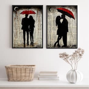 Kit 2 Quadros Casal Sombrinha Vermelha 33X24Cm