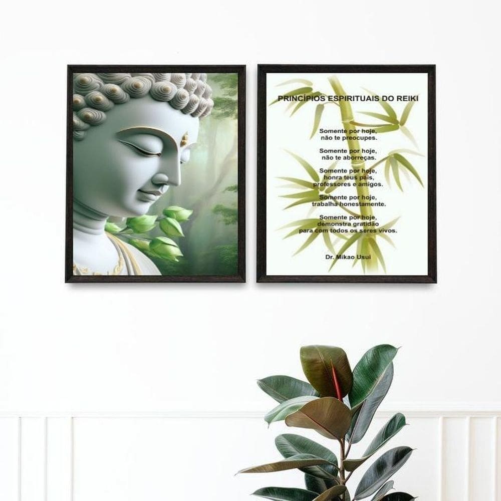 Kit 2 Quadros Princípios Do Reiki - Buda 33X24Cm - Com Vidro