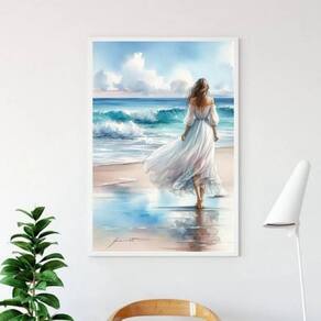 Quadro Mulher Caminhando Praia Aquarela 33X24Cm - Com Vidro