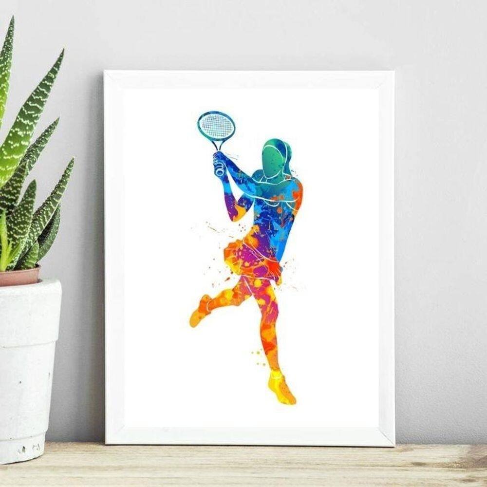 Quadro Jogadora De Tênis Aquarela 24X18Cm - Com Vidro