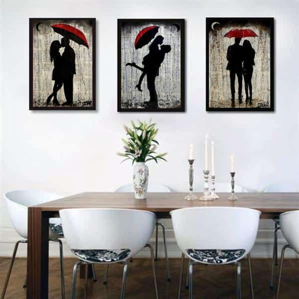 Kit 3 Quadros Românticos Casal Sombrinha 45X34Cm - Com Vidro