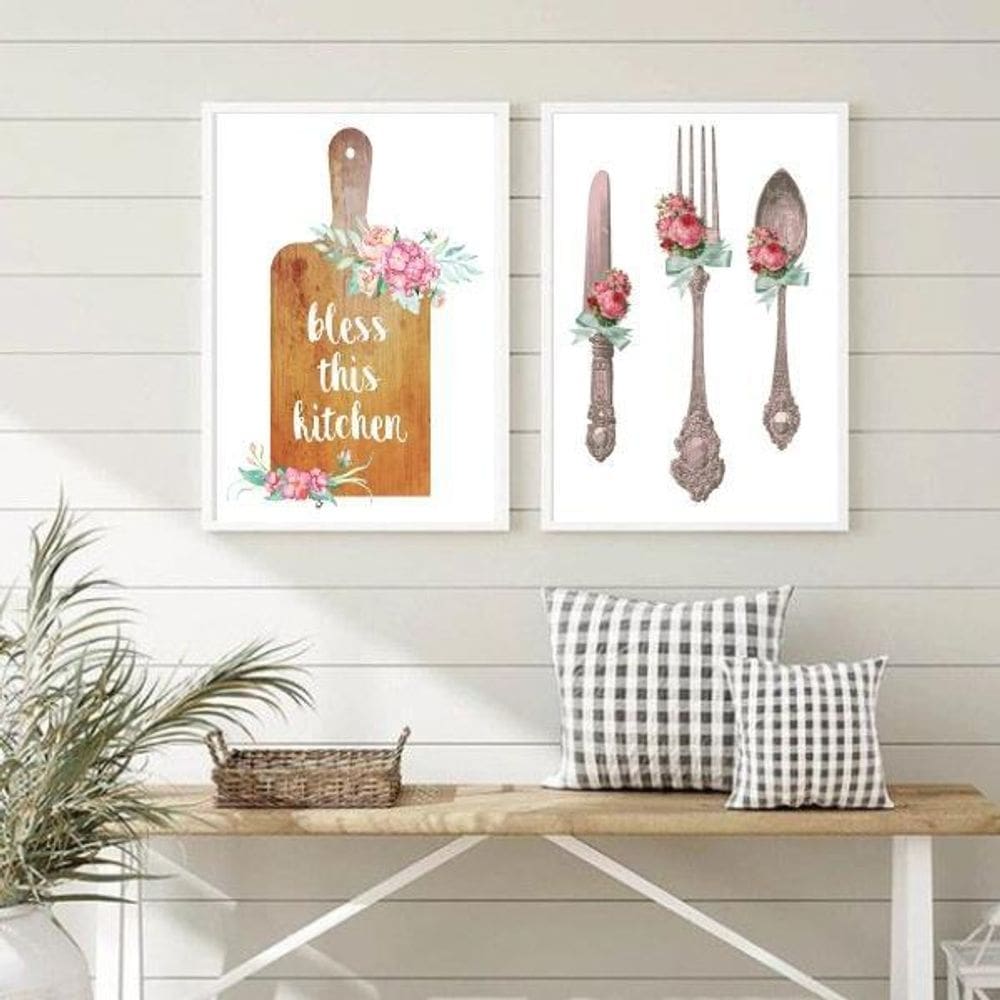 Kit 2 Quadros Decorativos Cozinha Abençoada 45X34Cm - Vidro