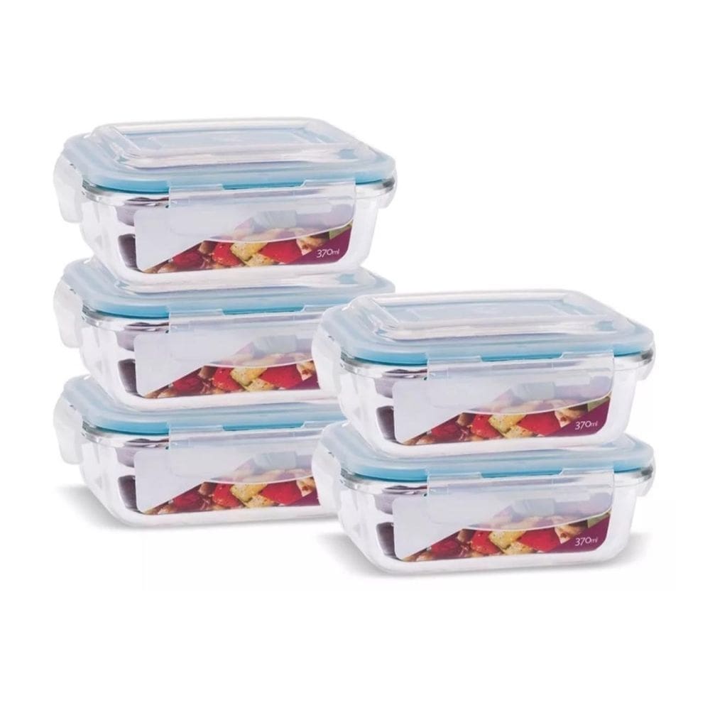 Conjunto 5 potes vidro hermético marmita mantimentos 370ml