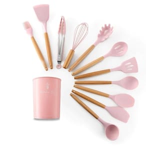 Jogo Utensílios Cozinha Em Silicone E Madeira 12 Peças Rosa
