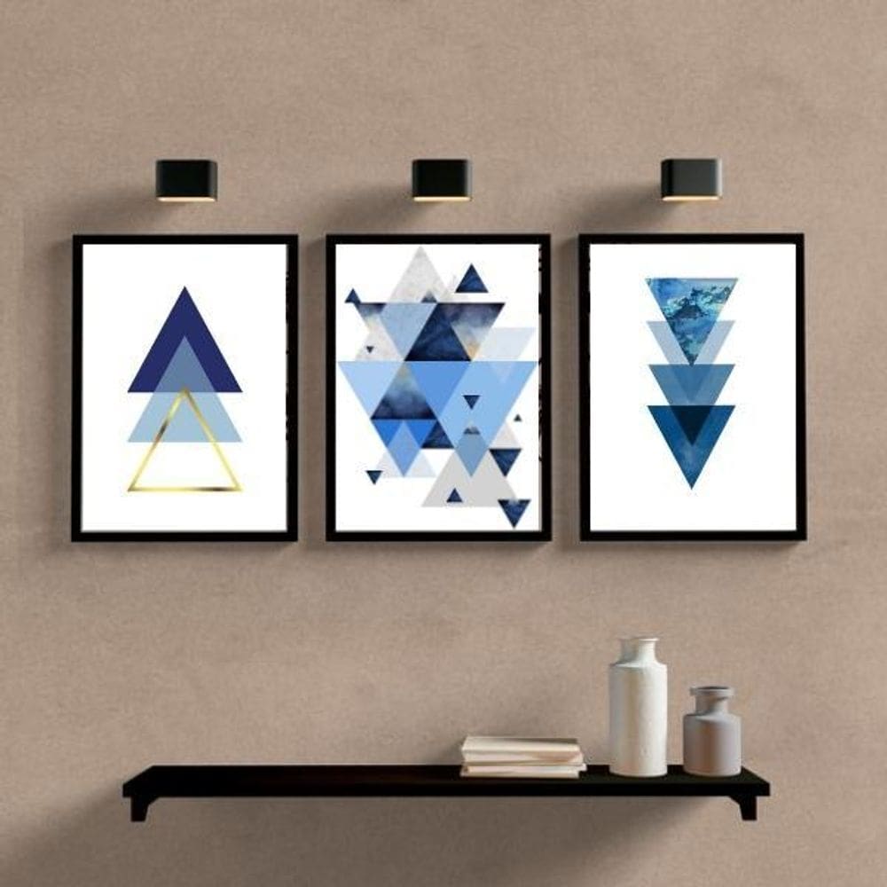 Kit 3 Quadros Geométricos Triângulos Azuis 24X18Cm