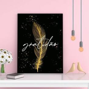 Quadro Pena Dourada Gratidão 24X18Cm Com Vidro - Preta