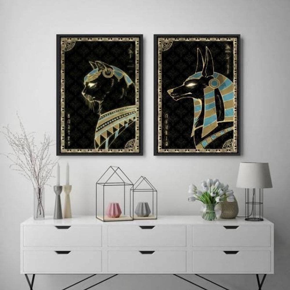 Kit 2 Quadros Animais Egípcios 33X24Cm Moldura Preta