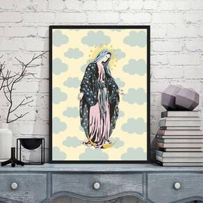 Quadro Nossa Senhora Nuvens 45X34Cm Vidro Moldura Preta