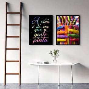 Kit 2 Quadros A Vida É Da Cor Que Pintamos 45X34Cm - Preta