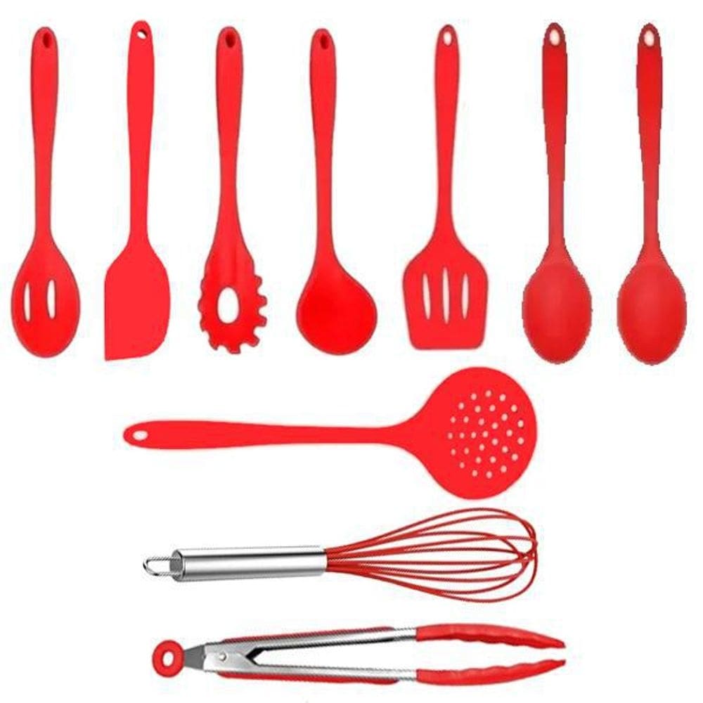 Jogo Colheres Utensílios Silicone Maciço Vermelho 10 Peças
