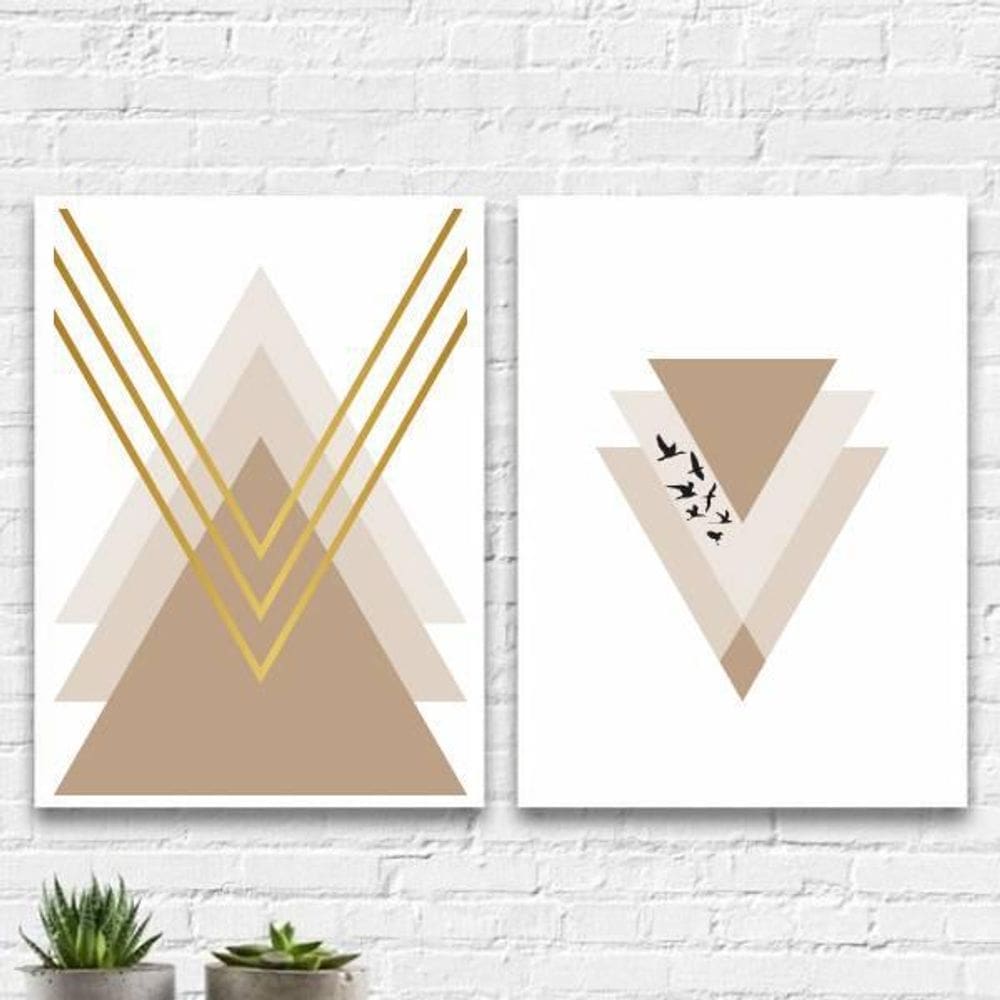 Kit 2 Quadros Geométricos Rosês Gold 45X34Cm Moldura Branca