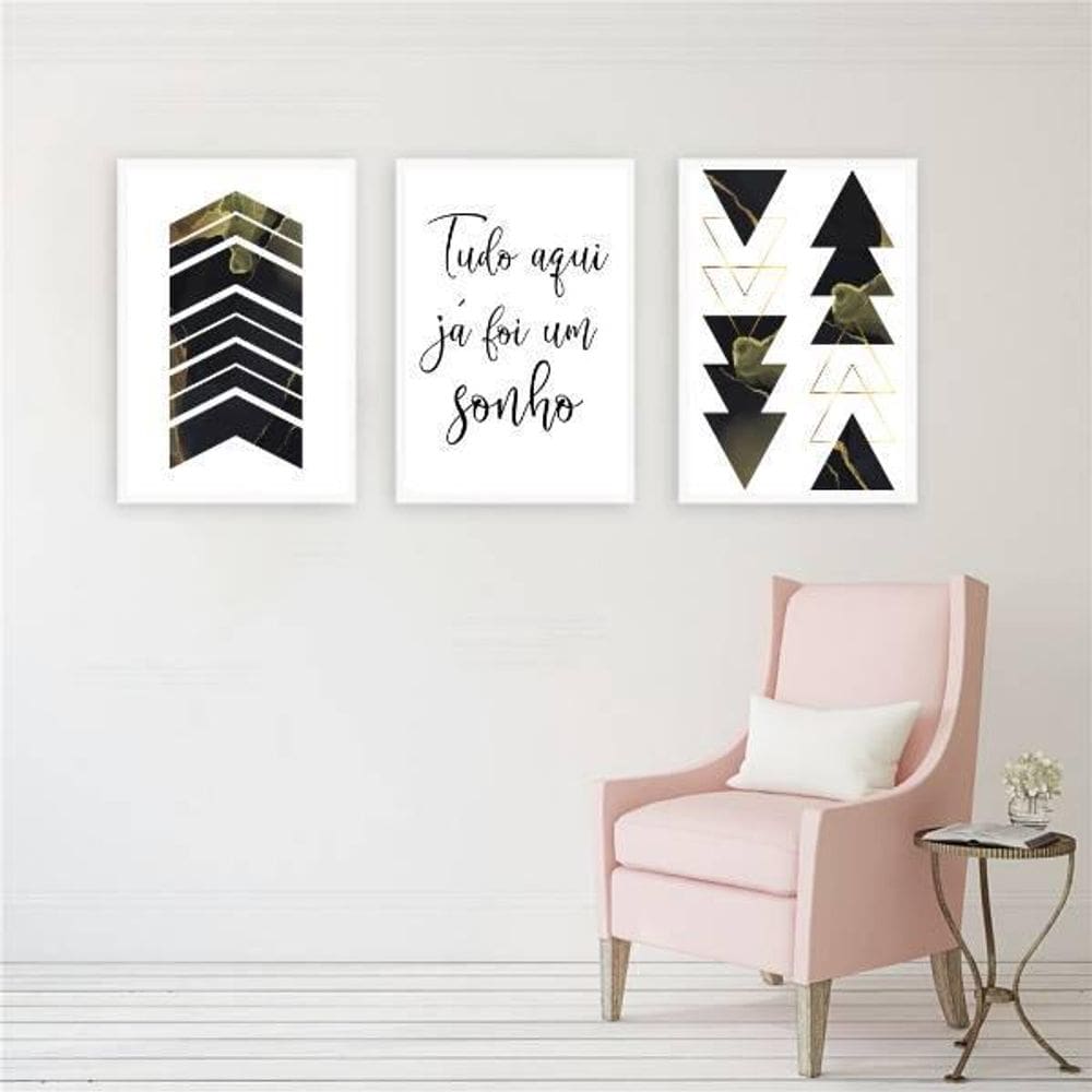 Kit 3 Quadros Tudo Aqui Já Foi Um Sonho 24X18 Moldura Branca