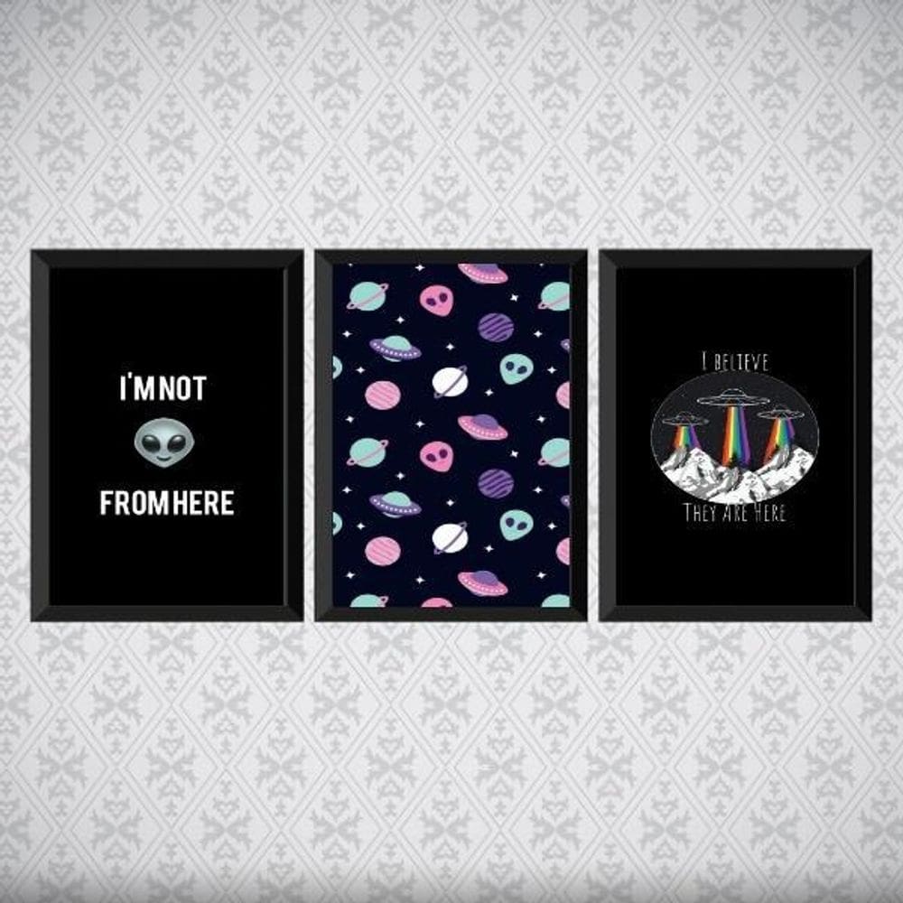 Kit 3 Quadros I Believe Ovnis 33X24Cm Moldura Preta