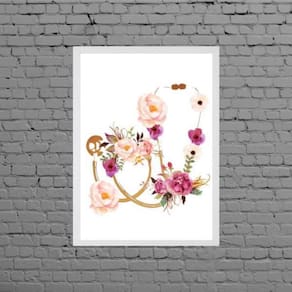Quadro Decorativo Estetoscópio Floral 45X34Cm Moldura Branca