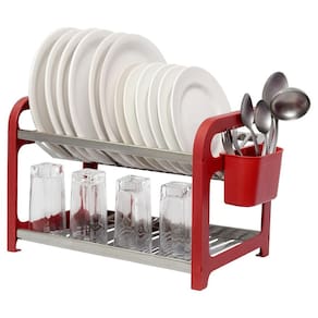 Escorredor 16 Pratos Inox Vermelho Com Porta Talheres