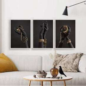 Kit 3 Quadros Fotografias Mãos Negras 60X40Cm Madeira Branca