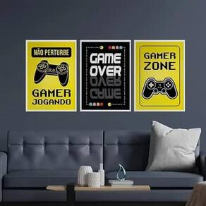 Kit Quadros Gamer Zone Amarelo E Preto 24X18Cm Vidro 3 Peças