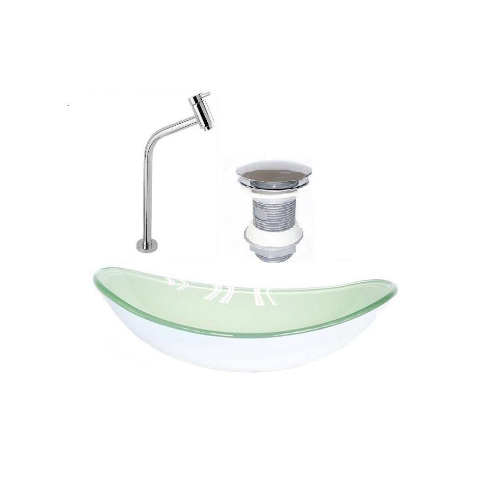 Cuba de vidro oval 47cm branca + válvula + torneira metal