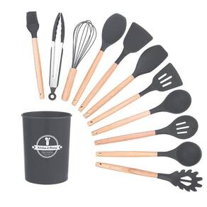 Kit 12 utensílios cozinha silicone cabo madeira - cinza