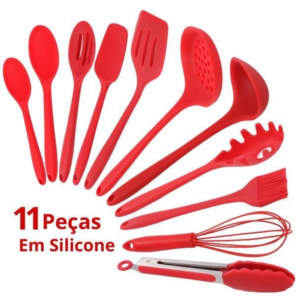 Kit Utensílios De Silicone Cozinha 11 Peças Vermelho Jogo
