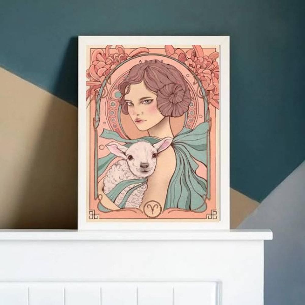 Quadro Vintage Signo Áries 45X34Cm Com Vidro Moldura Branca