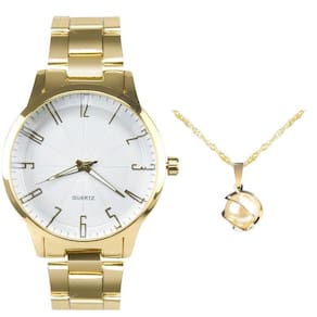 Relogio feminino dourado aço prova dagua + colar ponto luz