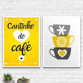 Kit 2 Quadros Cantinho Do Café Amarelo 24X18Cm - Com Vidro