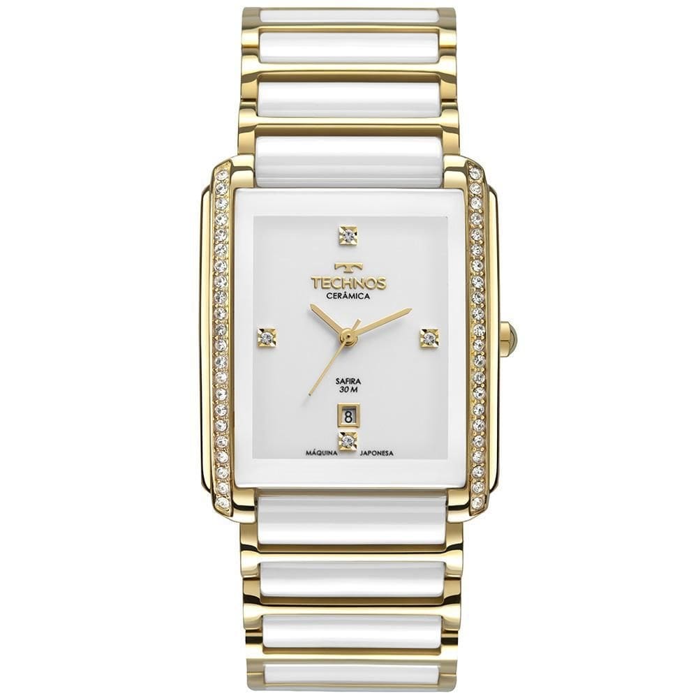 Relógio feminino dourado technos quadrado cerâmica safira