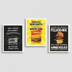 Kit 3 Quadros Hambúrguer 24x18cm - Vidro | Branco