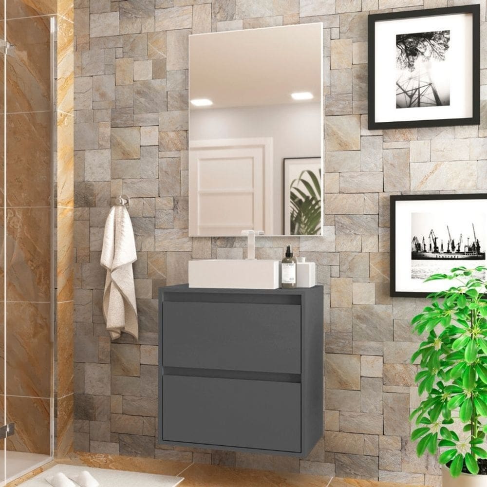 Gabinete para Banheiro com Cuba e Espelheira 60cm Mdf Grafite Dubai - On Móveis
