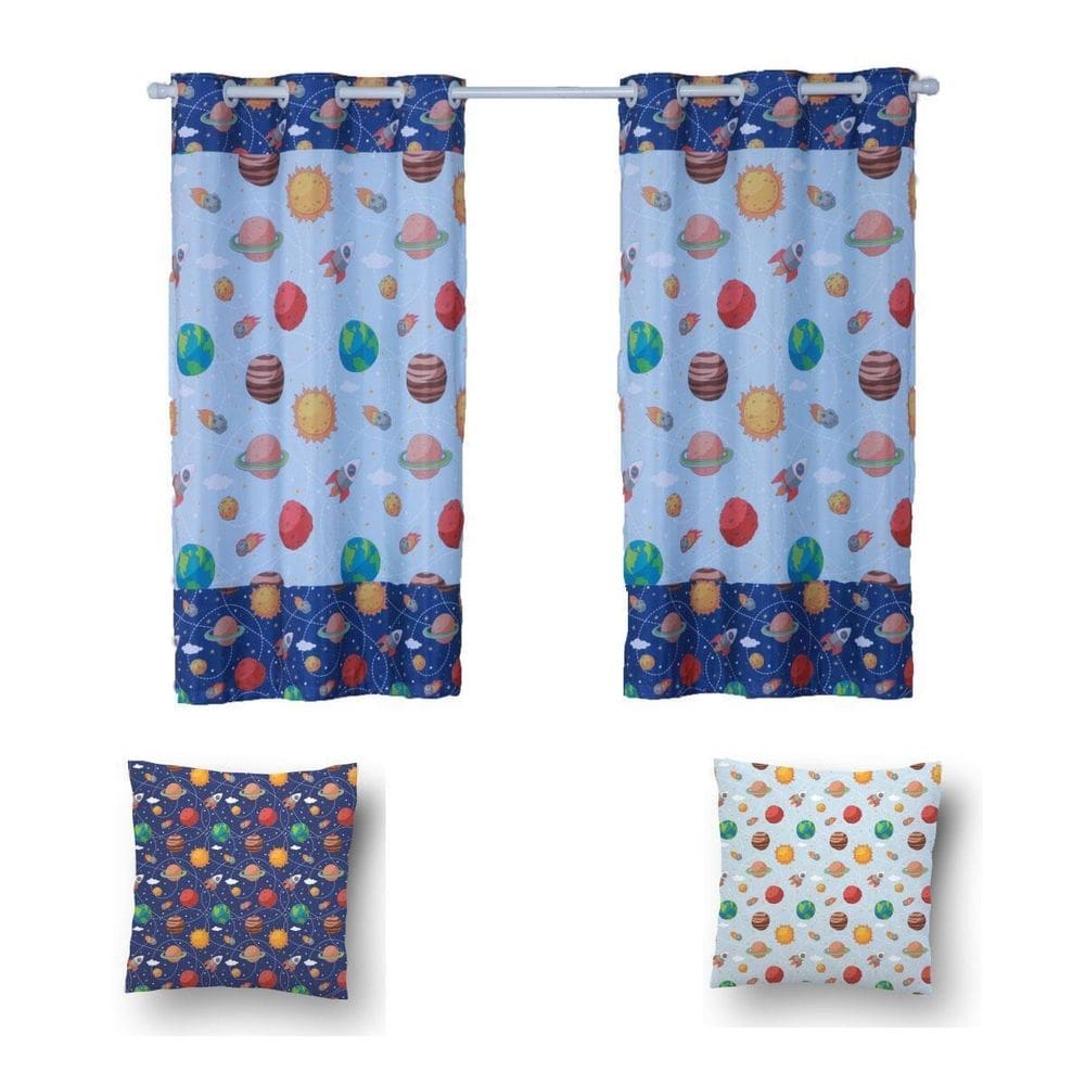 Kit De Cortina De 2 Metros + 2 Almofadas Infantis Kids