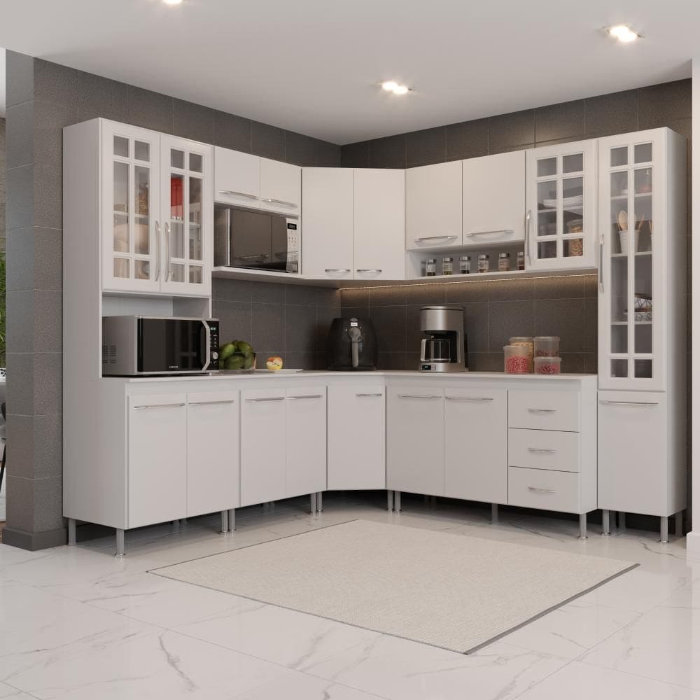 Cozinha Modulada Completa Fidelitá Viena 8 Peças 445cm 18 Portas 3 Gavetas Com Tampo Branco