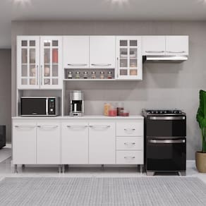 Cozinha Modulada Compacta Fidelitá Viena 4 Peças 260cm 11 Portas 3 Gavetas Com Tampo Branco