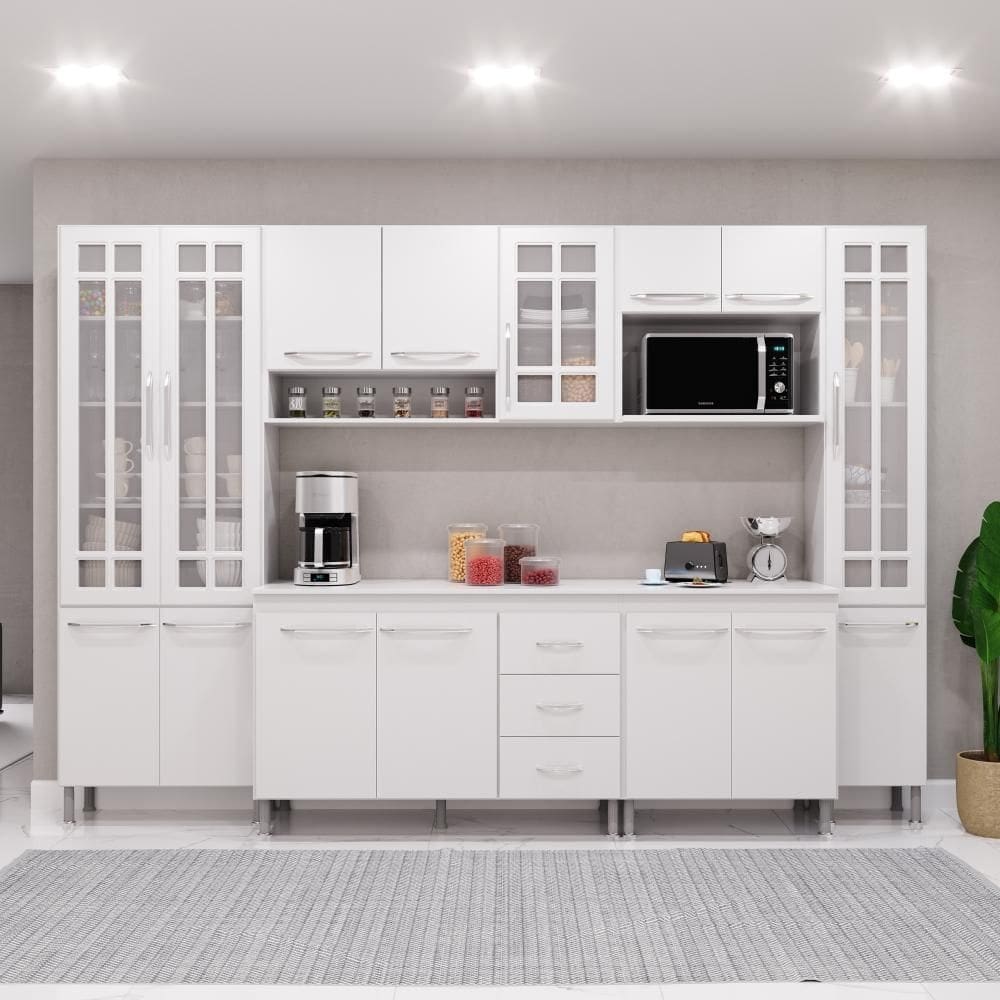 Cozinha Modulada Completa Fidelitá Viena 6 Peças 295cm 15 Portas 3 Gavetas Com Tampo Branco