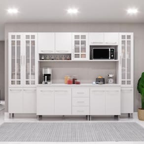 Cozinha Modulada Completa Fidelitá Viena 6 Peças 295cm 15 Portas 3 Gavetas Com Tampo Branco