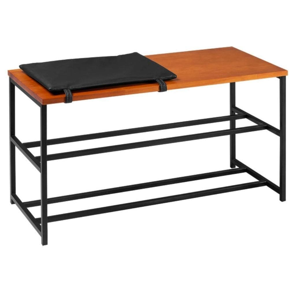 Sapateira Banco Filadelfia Industrial Daf Móveis 80 Cm Madeira Maciça  Almofada Preta Aço Preto