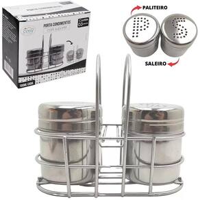 Porta Condimento Inox 2 Peca 100Ml + Suporte Aramado Cromado