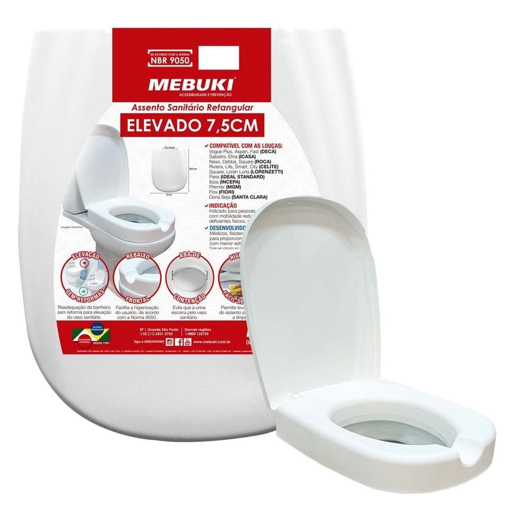 Assento sanitário elevado retangular mebuki - 7,5cm