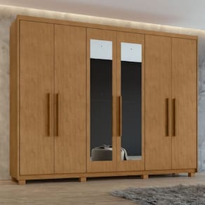 Guarda-Roupa Casal áries 6 Portas 5 Gavetas com Espelho Amêndoa Clean - Móveis Lopas