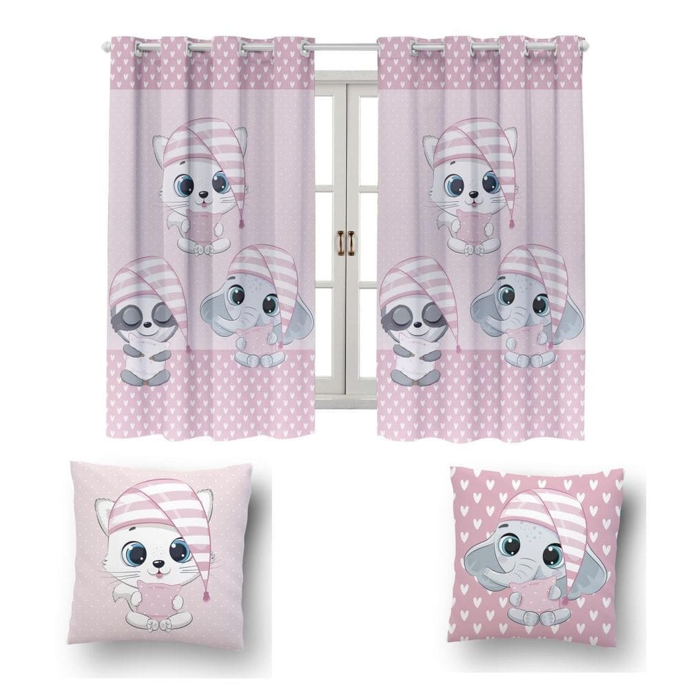 Kit De Cortina De 2 Metros + 2 Almofadas Infantis Kids