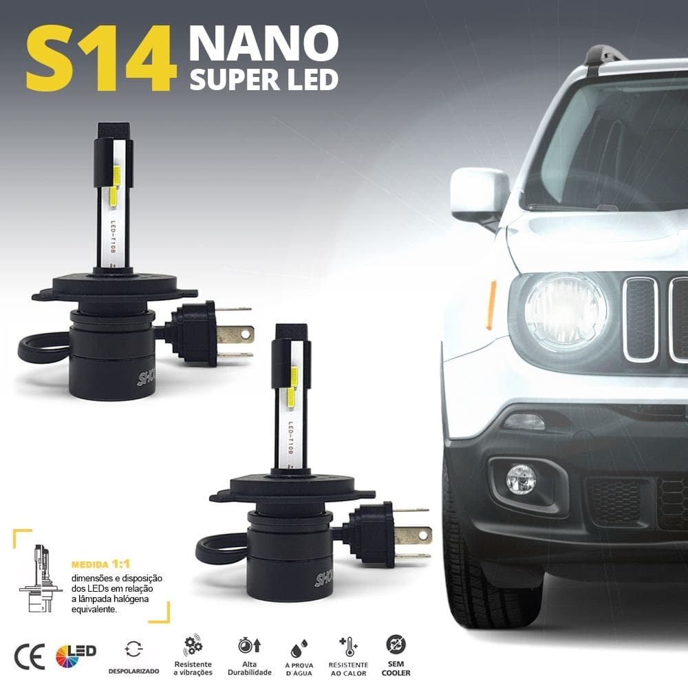 Par Lâmpadas H4 Farol Alto Baixo Renault Clio 1999 2000 2001 2002 2003 Super Led Mini Nano 6000k Sem Adaptar Furar Tampa Shocklight S14