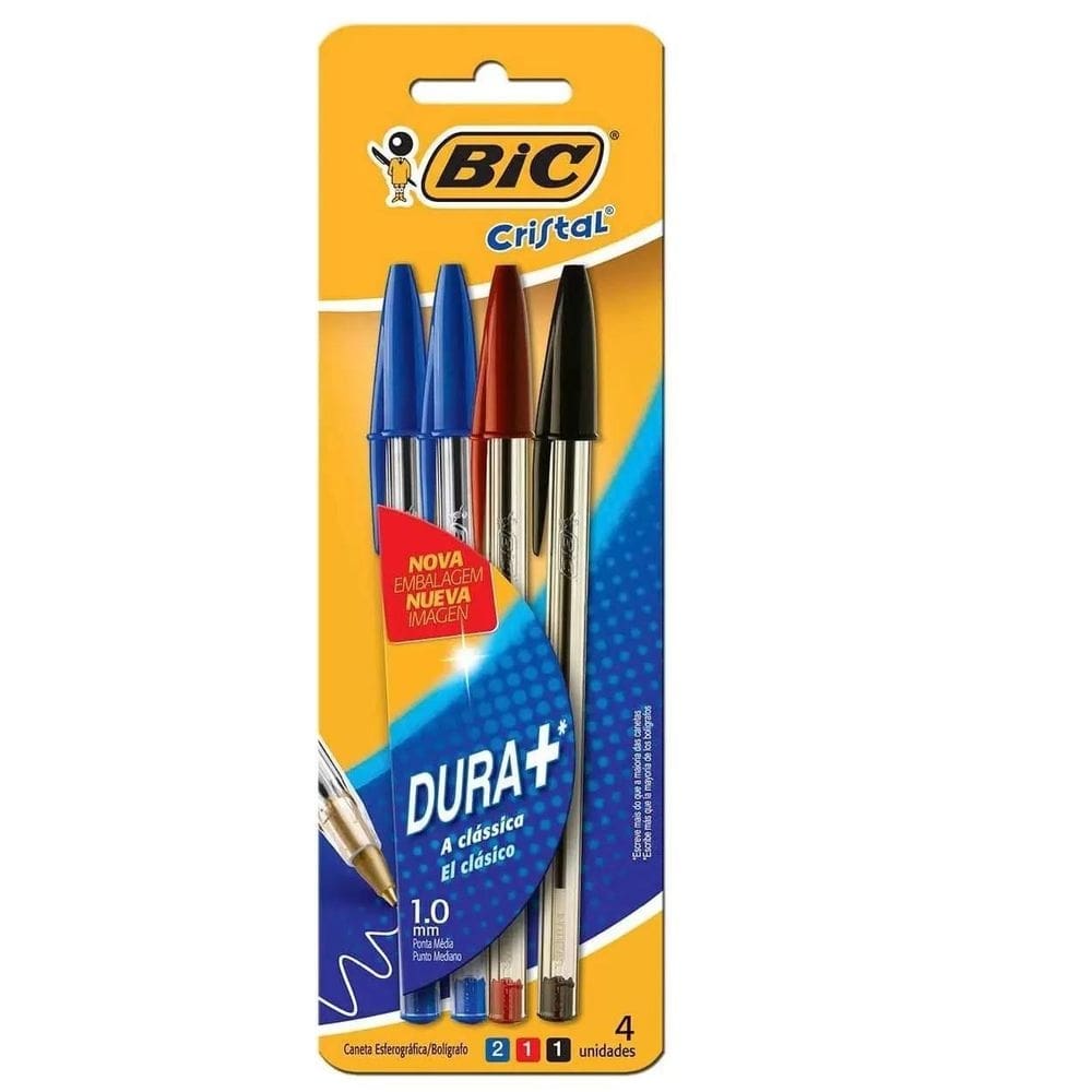 Kit caneta bic cristal 1.0mm azul/vermelha/preta dura mais