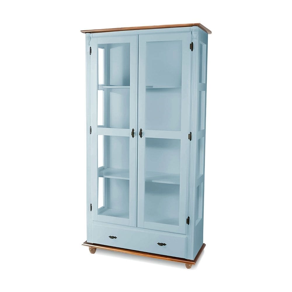 Cristaleira 2 Portas Vidro 1 Gaveta 3 Prateleiras Pés Torneados Florença - Laca Azul Bebê/Imbuia