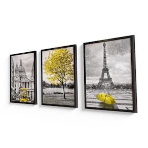 Quadro decorativo londres paris amarelo moldura preta 60x40