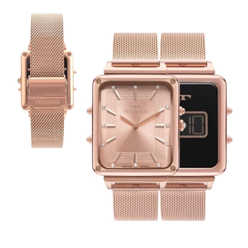 Relogio feminino technos quadrado curvas rose 9t33ak/1j