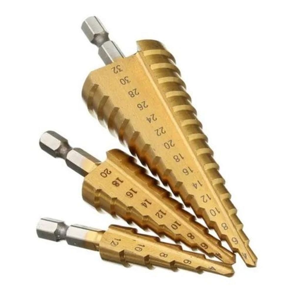 Kit 3 brocas escalonada aço profissional para 12mm/20mm/32mm